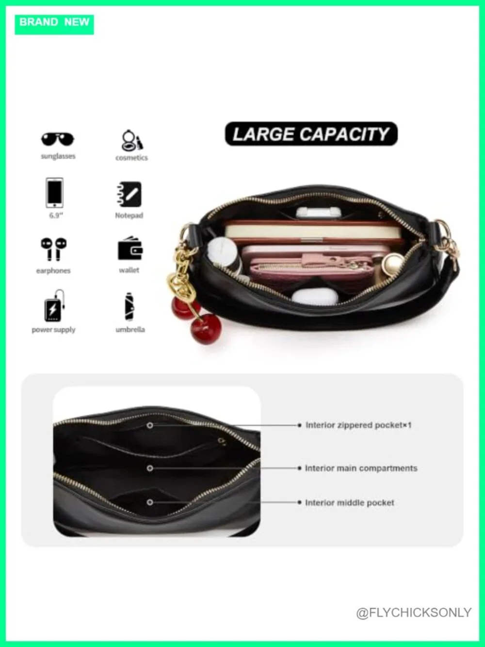 Women's Hobo Shoulder Bag PU Leather with Removable Straps & Cherry Charm